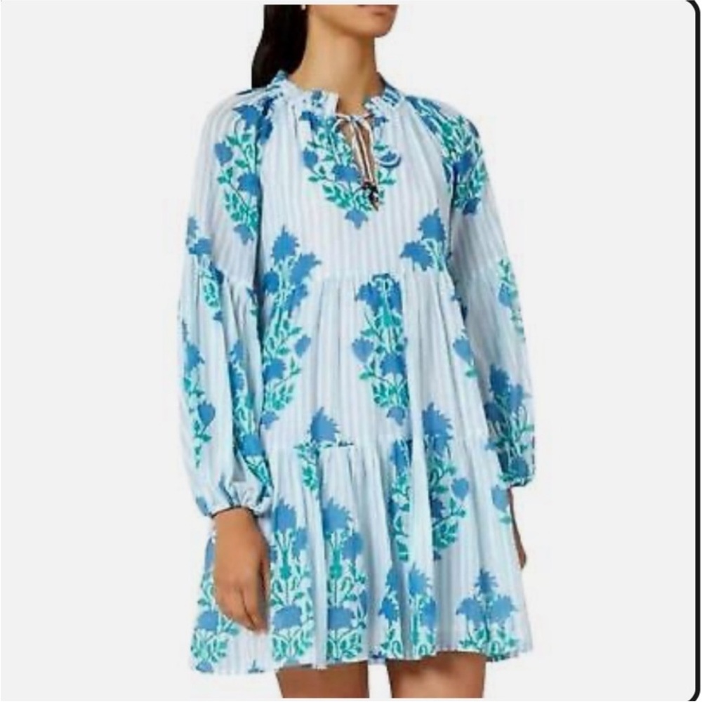 Oliphant Jaipur Blue Balloon Sleeve Floral Dress Large